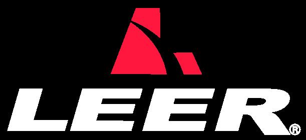 Leer logo, red A shape with black curved line on top, white text on black background.