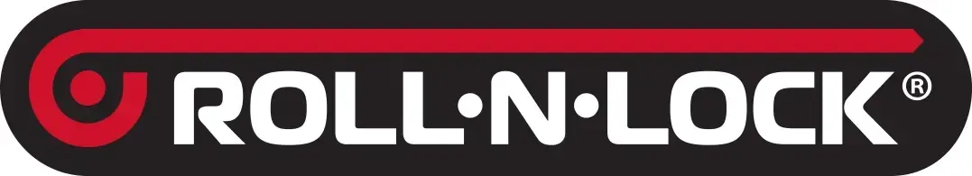 Roll-N-Lock logo: white text on a black rectangle with a red accent, featuring a red swirl graphic.
