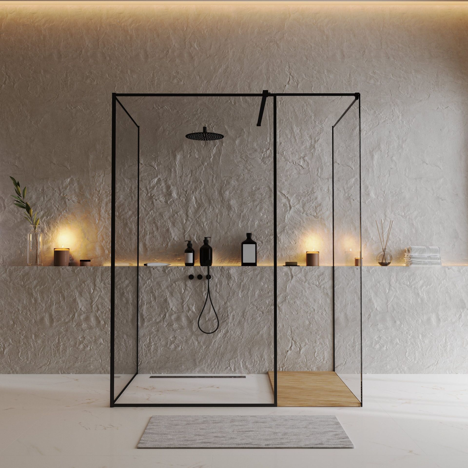 Modern shower enclosure with black frame, rain showerhead, wooden floor, and neutral-colored textured wall.