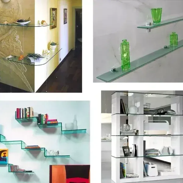 Four images showcasing modern glass shelves.