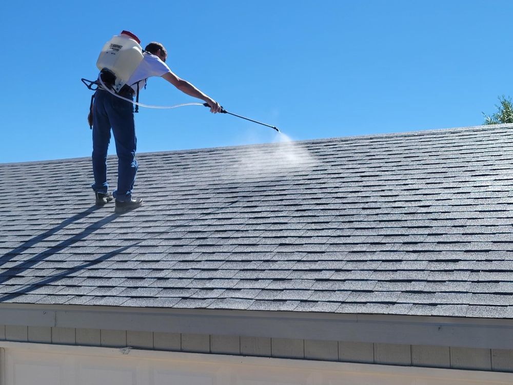 A man is spraying a roof with a sprayer.