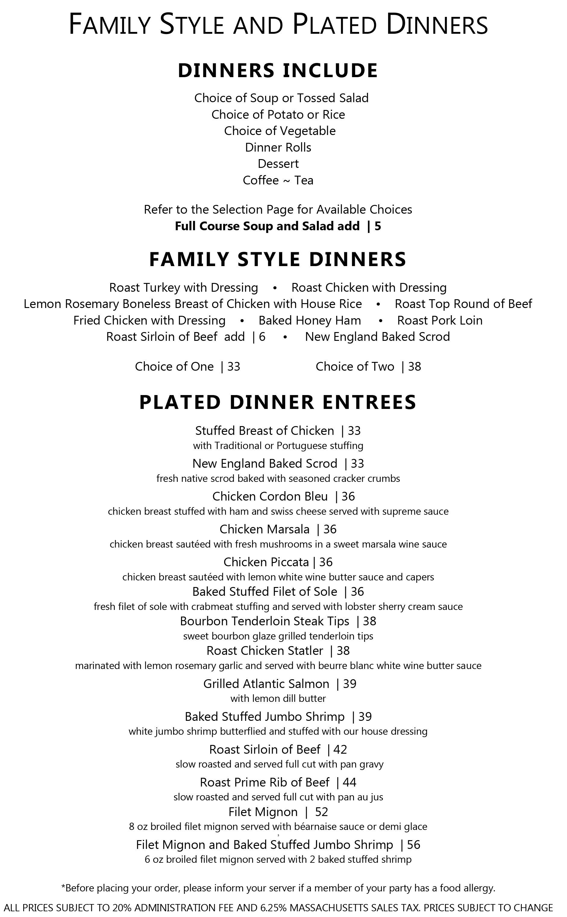 Family Style and Plated Dinners Menu