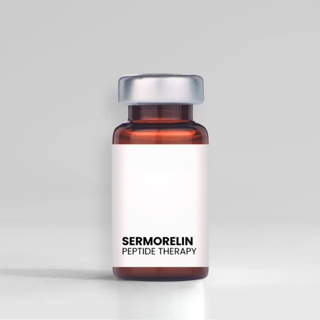 Vial of Sermorelin Peptide Therapy medicine, brown bottle with silver cap, white label.