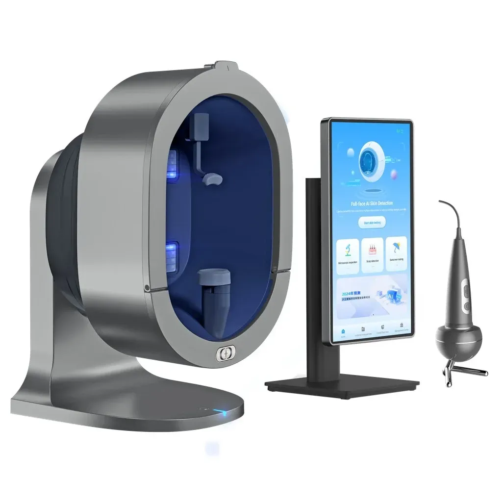 Blue and gray pet grooming device with touchscreen, standing on base beside a phone and handheld probe