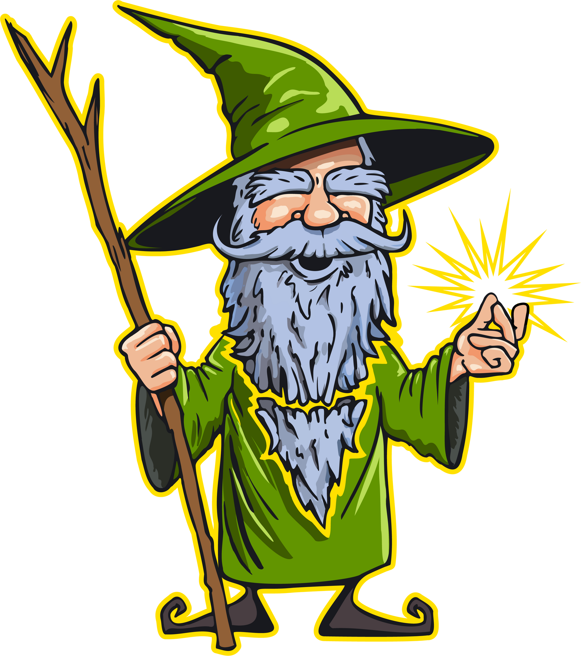 A cartoon wizard with a beard and a green hat is holding a wand.
