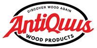 Logo for AntiQuus Wood Products: red stylized text within a black and white oval frame. 
