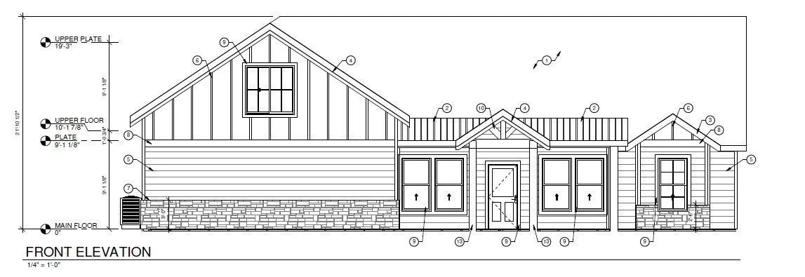 Architectural drawing of a house front elevation; showing roof, windows, and stone foundation.
