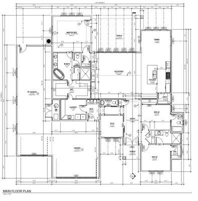 Architectural floor plan of a home, showing the main floor layout with rooms, measurements, and labels.