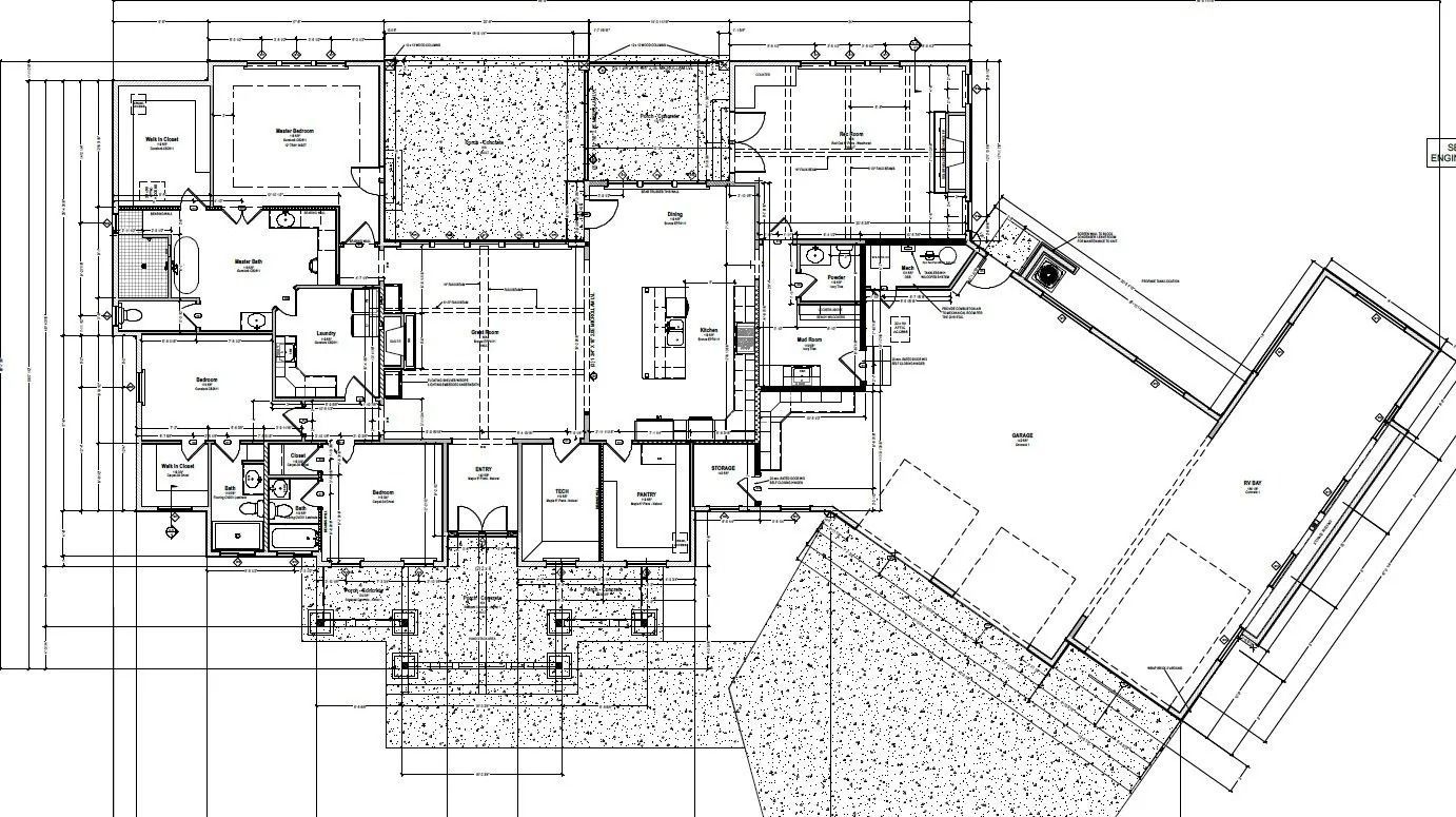Architectural floor plan of a house with multiple rooms and an outdoor patio area.