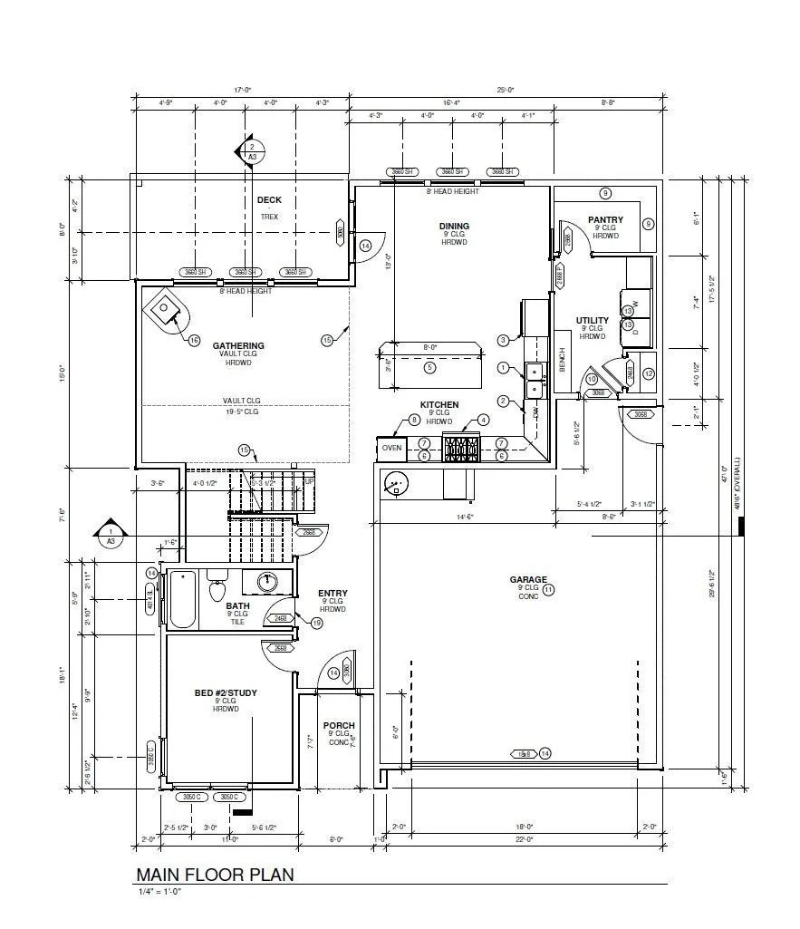 Floor plan of a house, detailing rooms, doors, windows, and stairs on the first floor.
