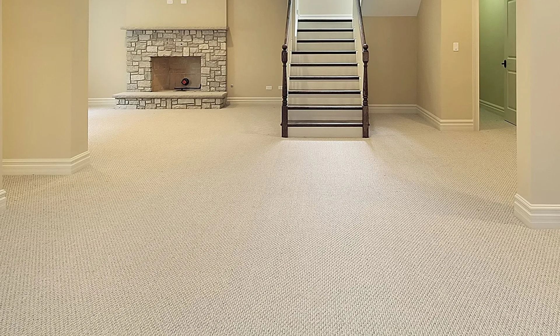 Beige carpeted room with fireplace and staircase, neutral tones.