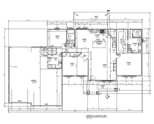 Main floor plan of a house, detailing rooms with dimensions, including a garage, bedrooms, and kitchen.