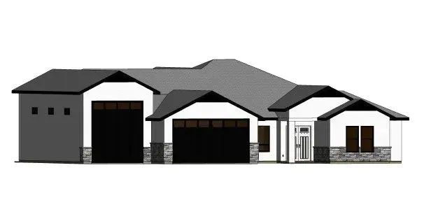 Exterior rendering of a modern house with a gray roof and black garage doors. White walls and stone accents.