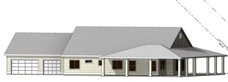 Architectural rendering of a single-story house with a garage and porch.