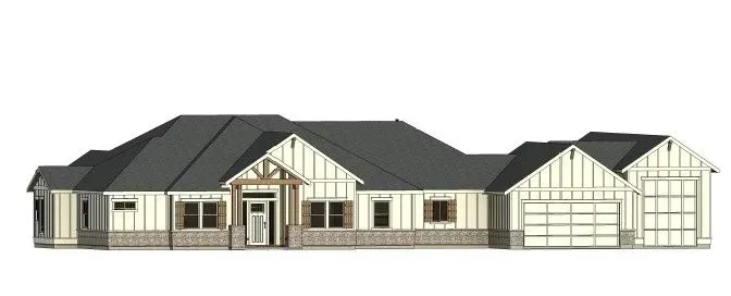 A house exterior with a gray roof, cream siding, and a stone facade. Includes a garage.