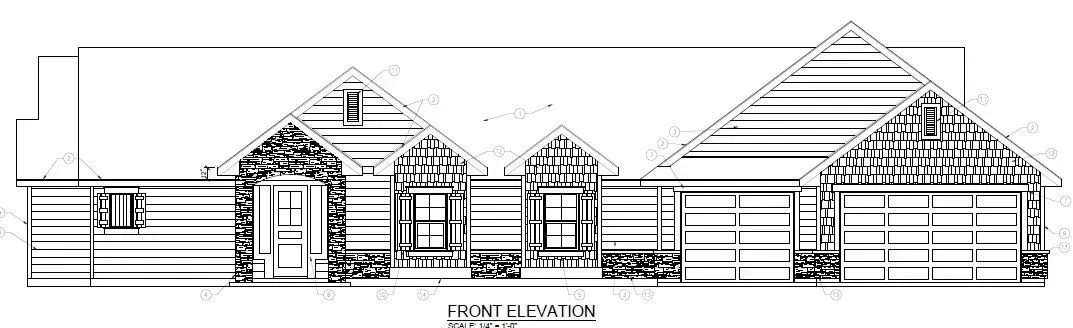 Architectural drawing of a house with multiple gabled roof sections and a garage.