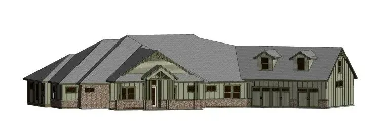 Exterior of a house with a gray roof, tan brick and green siding. Three garage bays with two dormers.