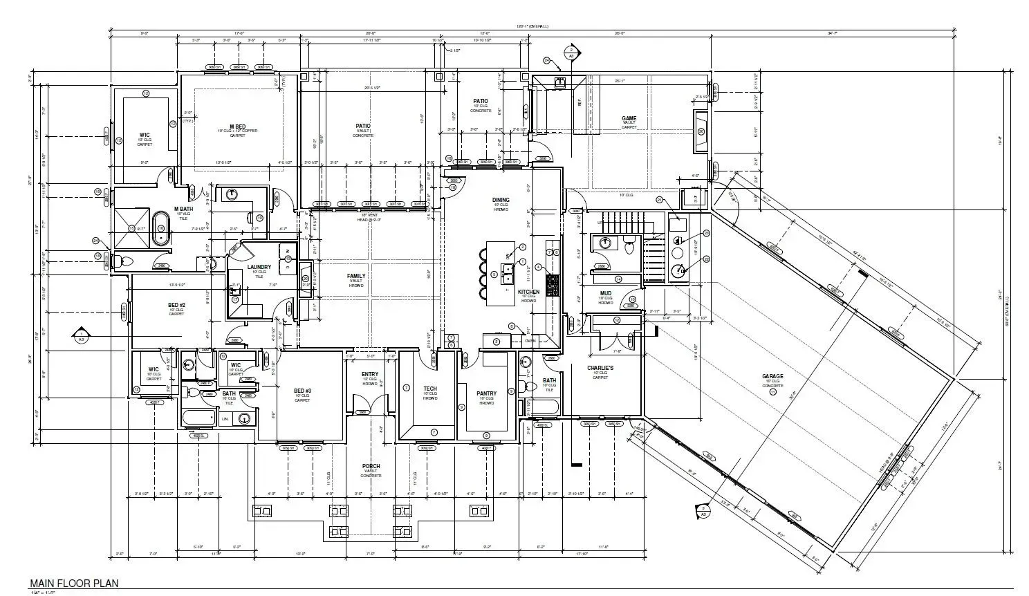 Architectural floor plan of a house with several rooms and a swimming pool.