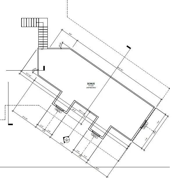 Top-down architectural floor plan of a house with labeled dimensions and stairs.