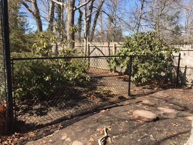 A chain link fence is surrounded by trees and rocks.
