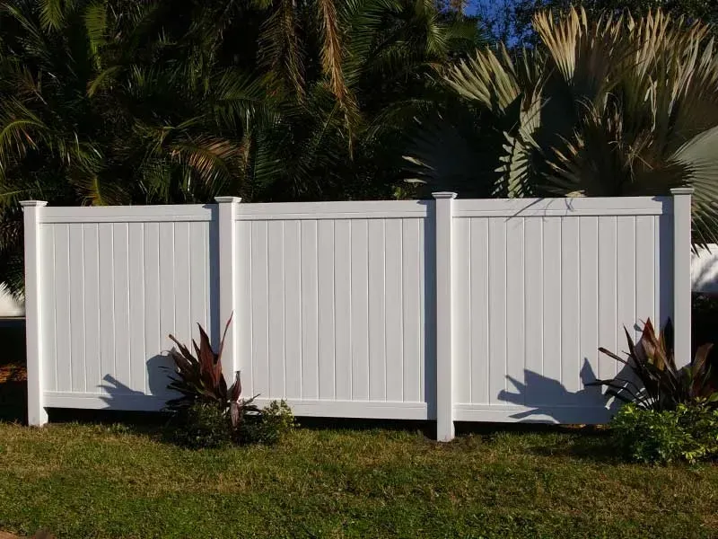 A white fence with palm trees in the background