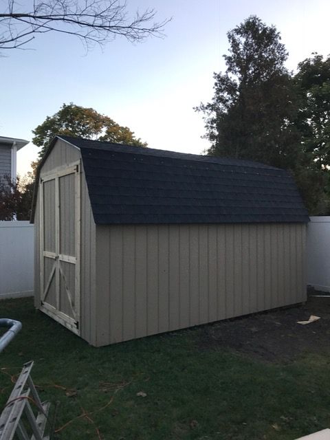 A shed with a black roof is in a backyard.
