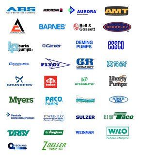 ABS, Armstrong, Aurora, AMT, Allis-Chalmers, Barnes, Bell & Gossett, Berkeley, Burks Pumps, Carver, Deming Pumps, Essco, Fairbanks Morse, Flygt, Gorman-Rupp, Goulds Pumps, Grundfos, Gusher, Hydromatic, Liberty Pumps, Myers, Paco Pumps, Patterson, Peerless Pump, Pentair Industrial Pumps, Power-Flo, Sulzer, Taco, Tarby, Vaughan, Weinman, Wilo, Yeomans, Zoeller Pump Co.