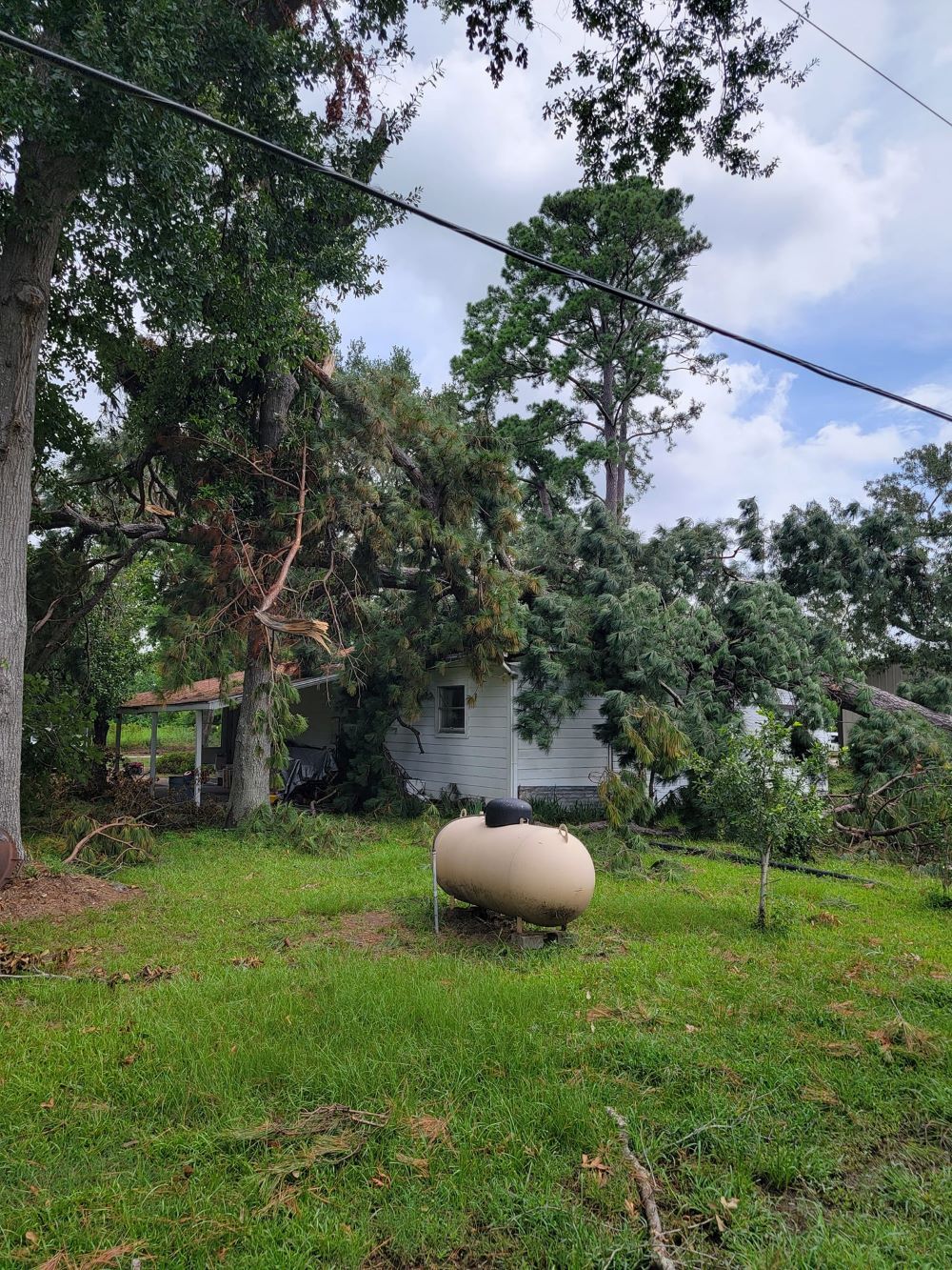 A propane tank is sitting in the grass in front of a house.