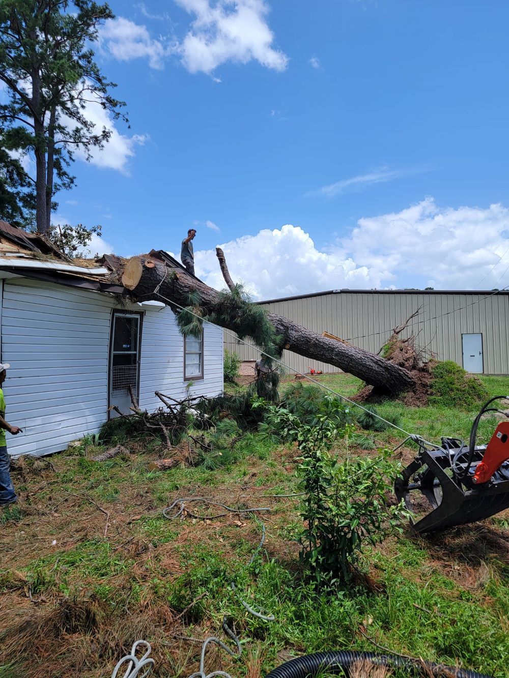 A man is standing on the roof of a house next to a tree that has fallen on it.