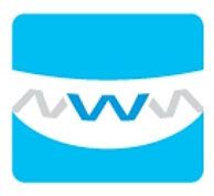 Blue and white abstract logo with wavy lines.