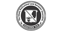 Logo for The Illinois Professional Land Surveyors Association, featuring a map of Illinois and a surveyor's transit.