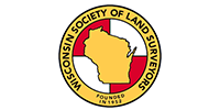 Logo of the Wisconsin Society of Land Surveyors, featuring a yellow map of Wisconsin inside a red and white circle.