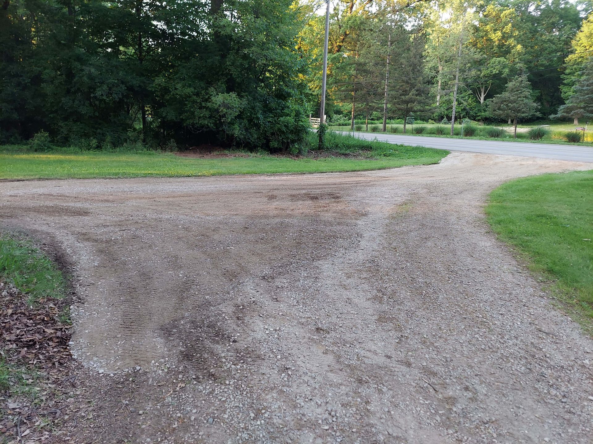 A dirt road going through a grassy area with trees on both sides.