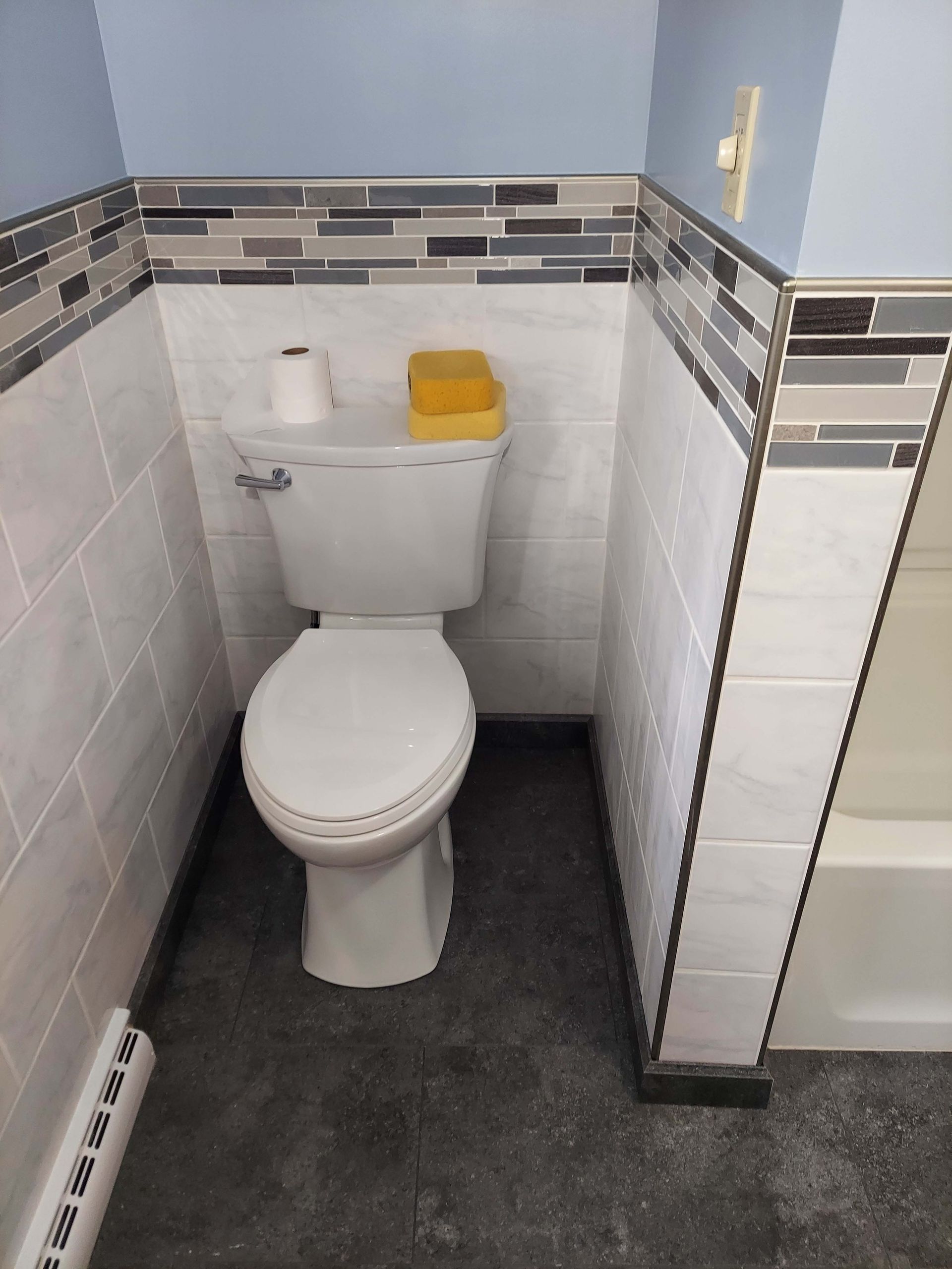 A bathroom with a toilet , sponge and toilet paper