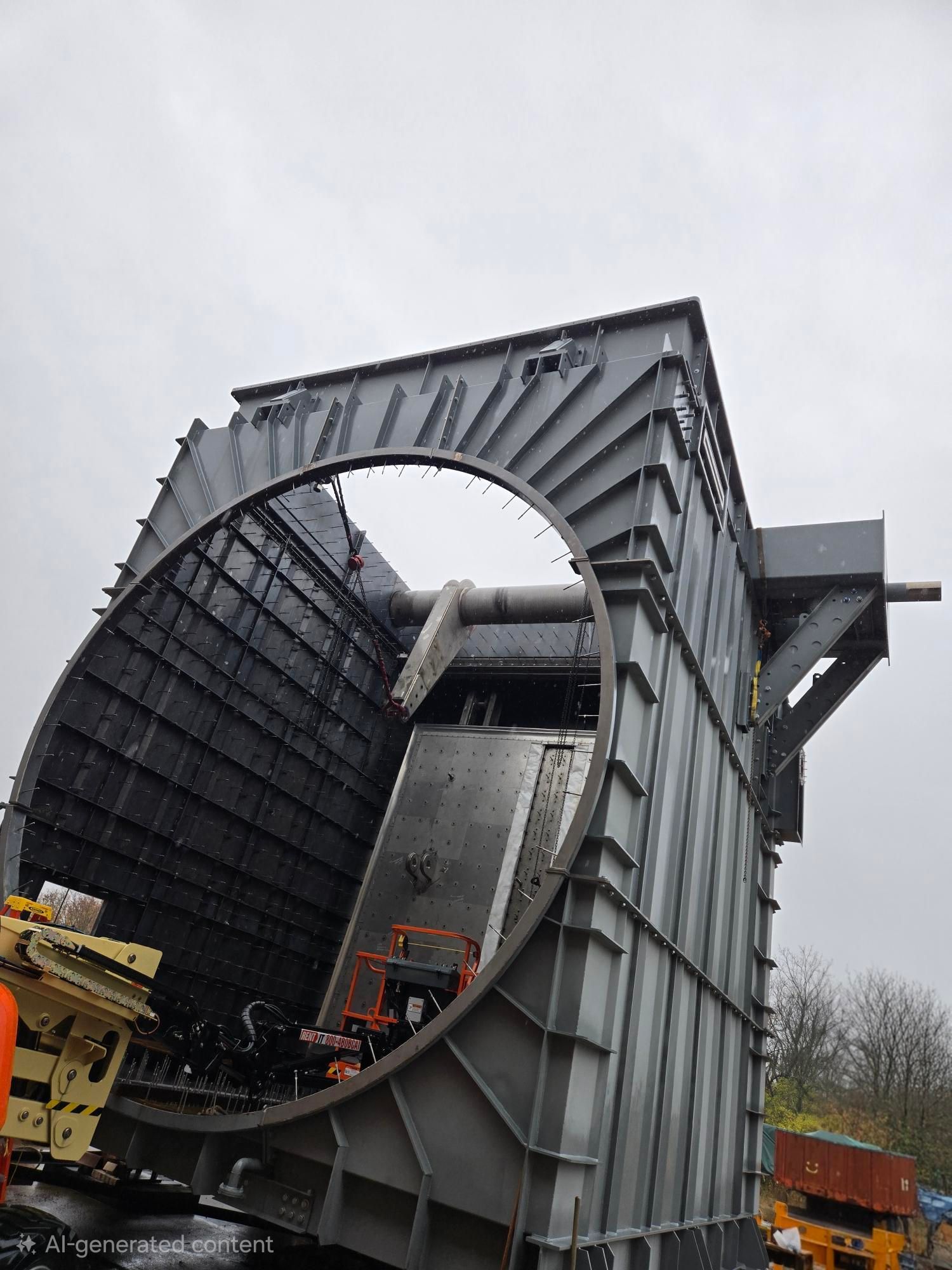 Large industrial metal structure with a circular opening, gray and black, set outdoors.