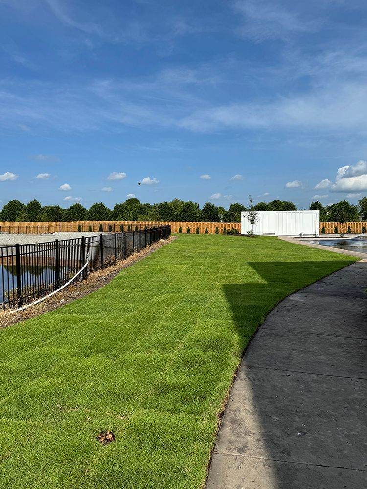 A lush green lawn with a fence and a pond in the background.