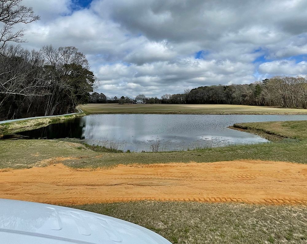 A large body of water is surrounded by trees and a dirt road.