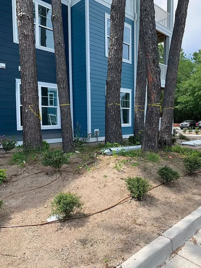 A blue building with a lot of trees in front of it.