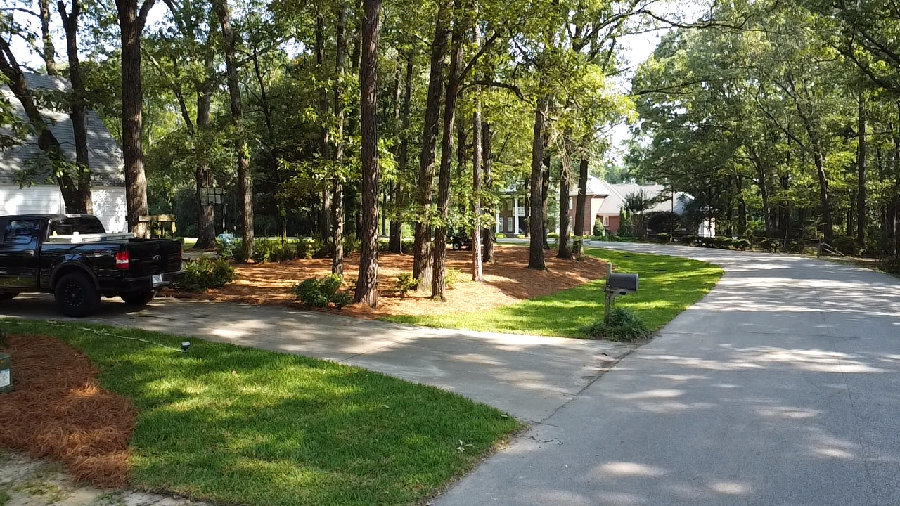 A black truck is parked on the side of the road next to a mailbox.