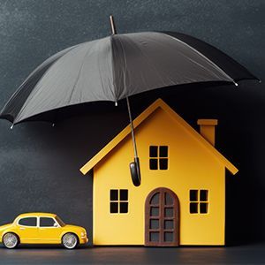 a yellow house and a yellow car are under an umbrella .