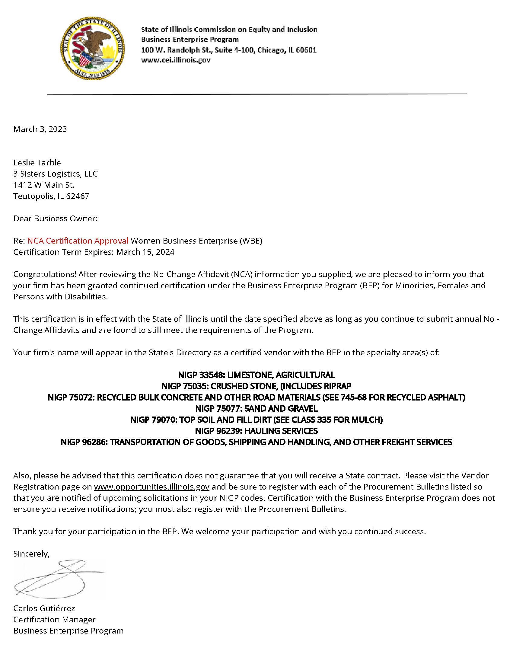 NCA Certification Approval