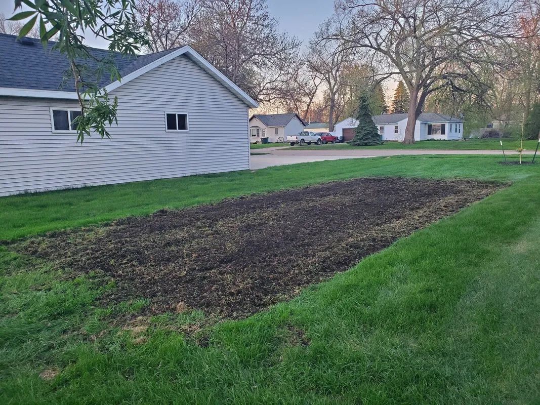 Bare garden bed in a grassy yard, next to a light blue house. Other houses and trees are in the background.