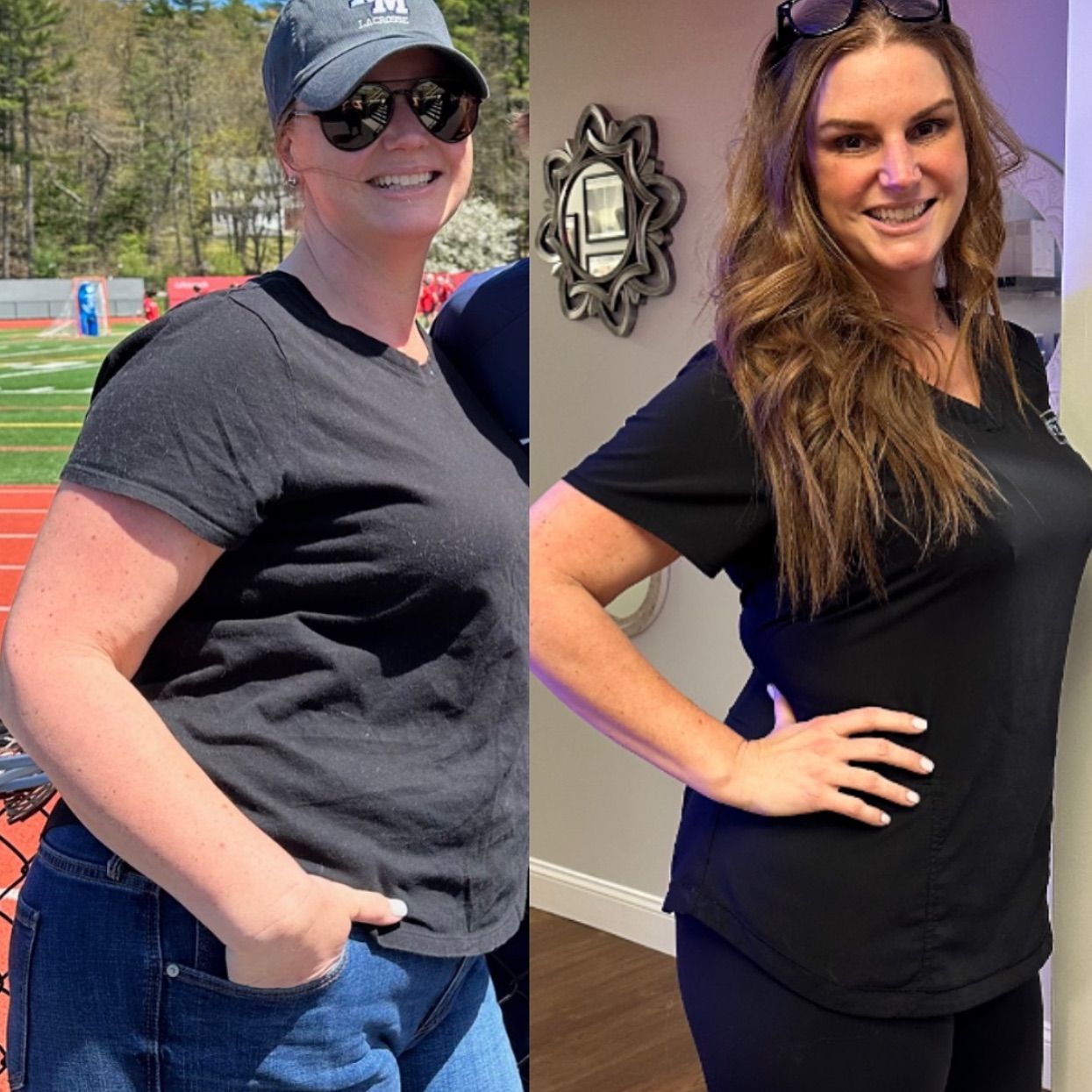 A before and after picture of a woman in a black shirt