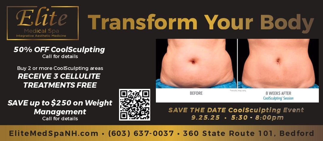 Ad for Elite Medical Spa, with body transformation offers. Includes before/after photo, event info & QR code.
