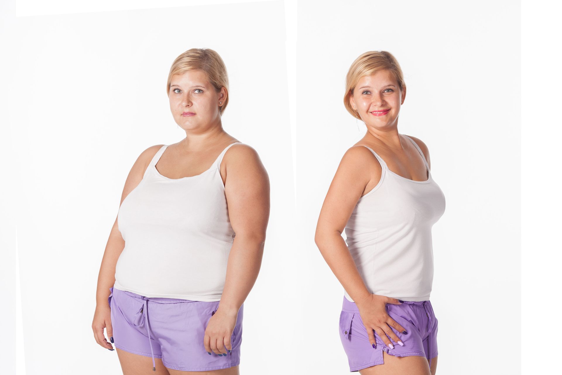 A before and after picture of a woman in a white tank top and purple shorts