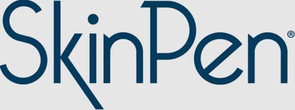 A blue skinpen logo on a white background