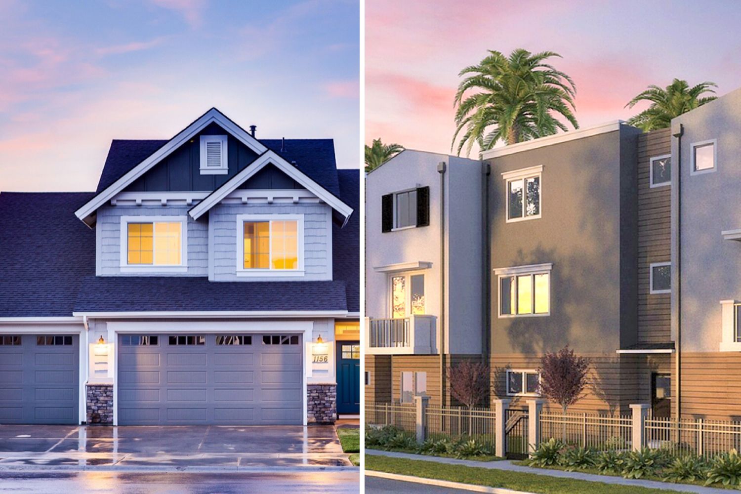 Man in suit shakes hands with a smiling man and woman seated on a white sofa.