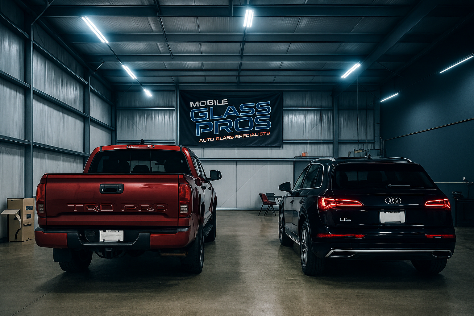 Red truck and black SUV parked inside a garage. A banner hangs in the background.