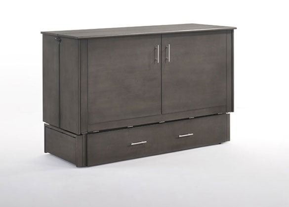 A gray cabinet with drawers underneath it on a white background.