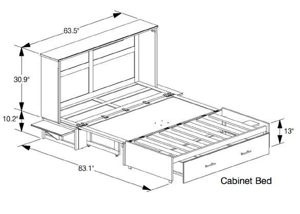 A black and white drawing of a cabinet bed with measurements